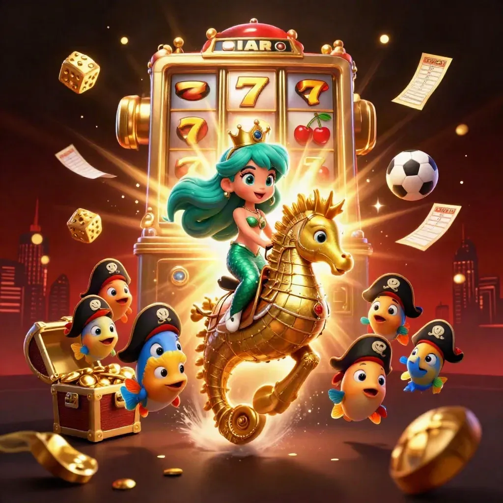 Merlina sereia com cavalo-marinho dourado, peixes piratas, caça-níquel e ouro explodindo.