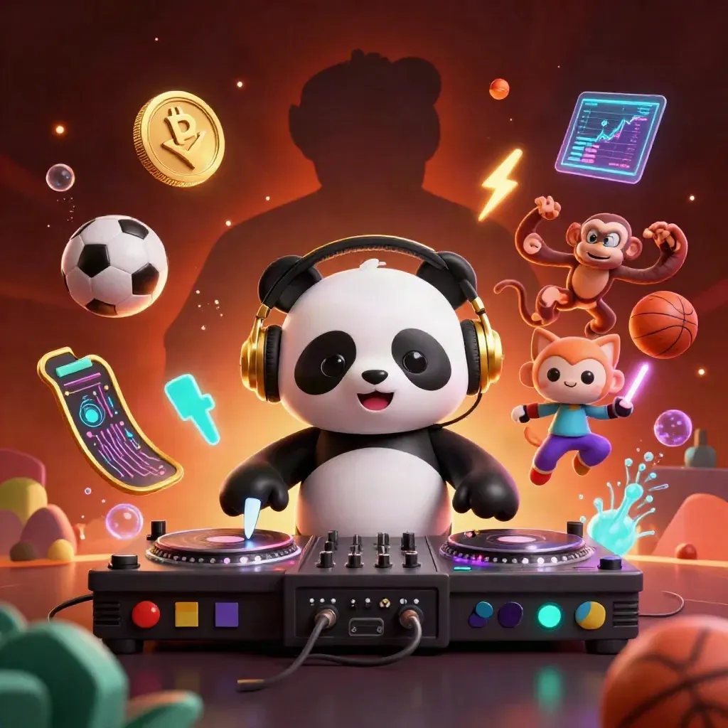 Panda DJ, macaco dançando e gatinho neon entre moedas, raios e luz dourada.