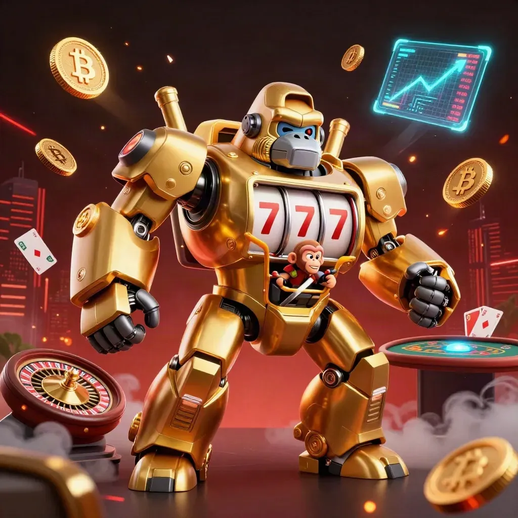Macaco mecânico dourado com reels, moedas cripto e luzes de cassino premium.
