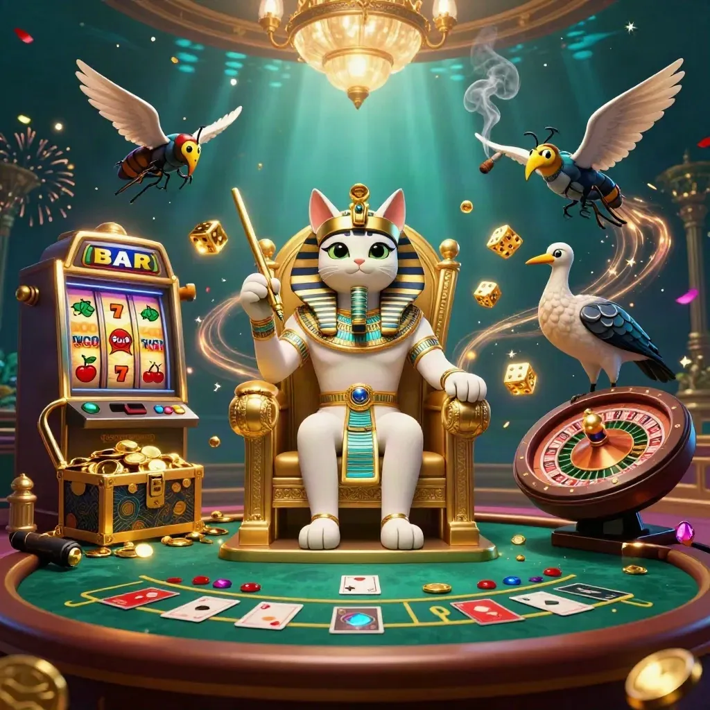 Gato faraó 3D num cassino luxuoso com íbis, escaravelhos, slot e ouro.