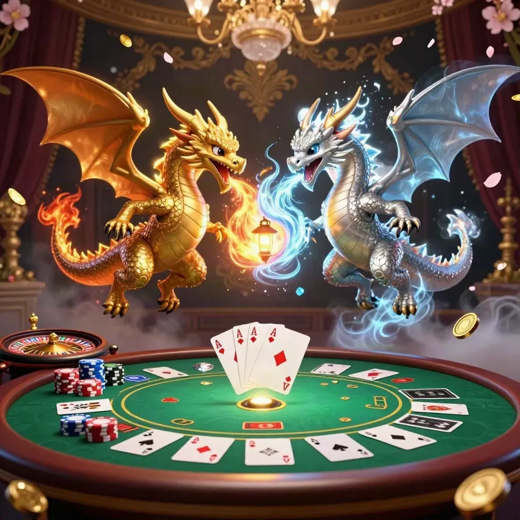 Dragões dourado e prata em mesa de cassino, com roleta, cartas e brilho esmeralda.