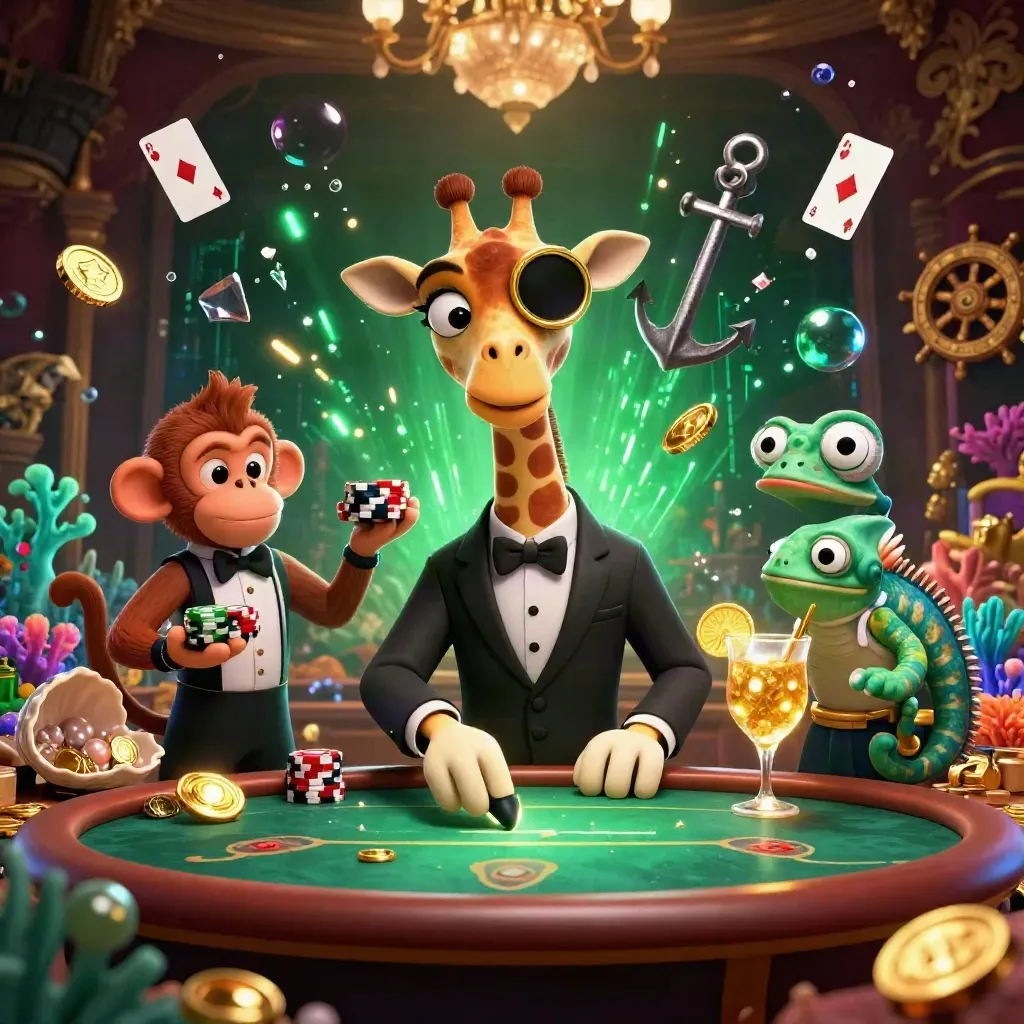 Girafa de terno, macaco e camaleão em cassino subaquático com ouro e coral luminoso.