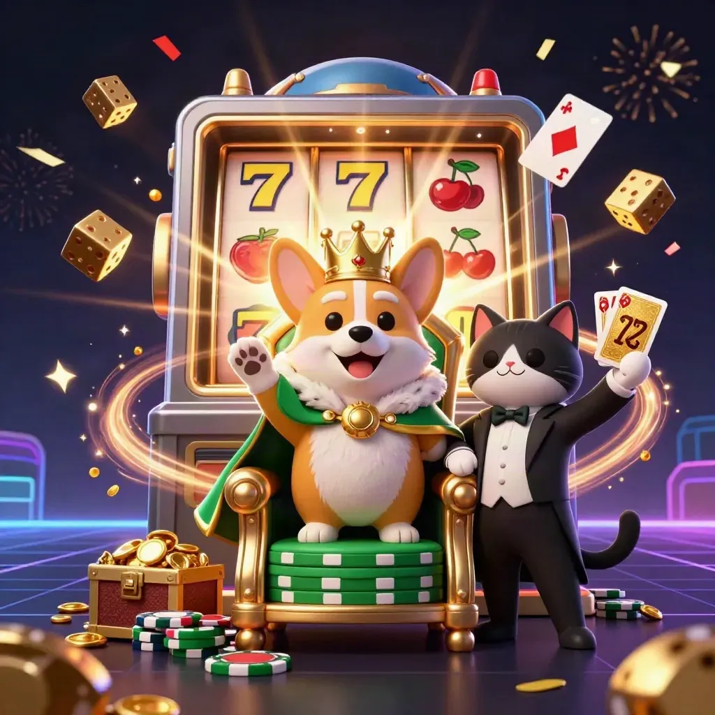 Corgi coroado e gato mordomo cercados por slots, ouro, dados e fogos em neon.