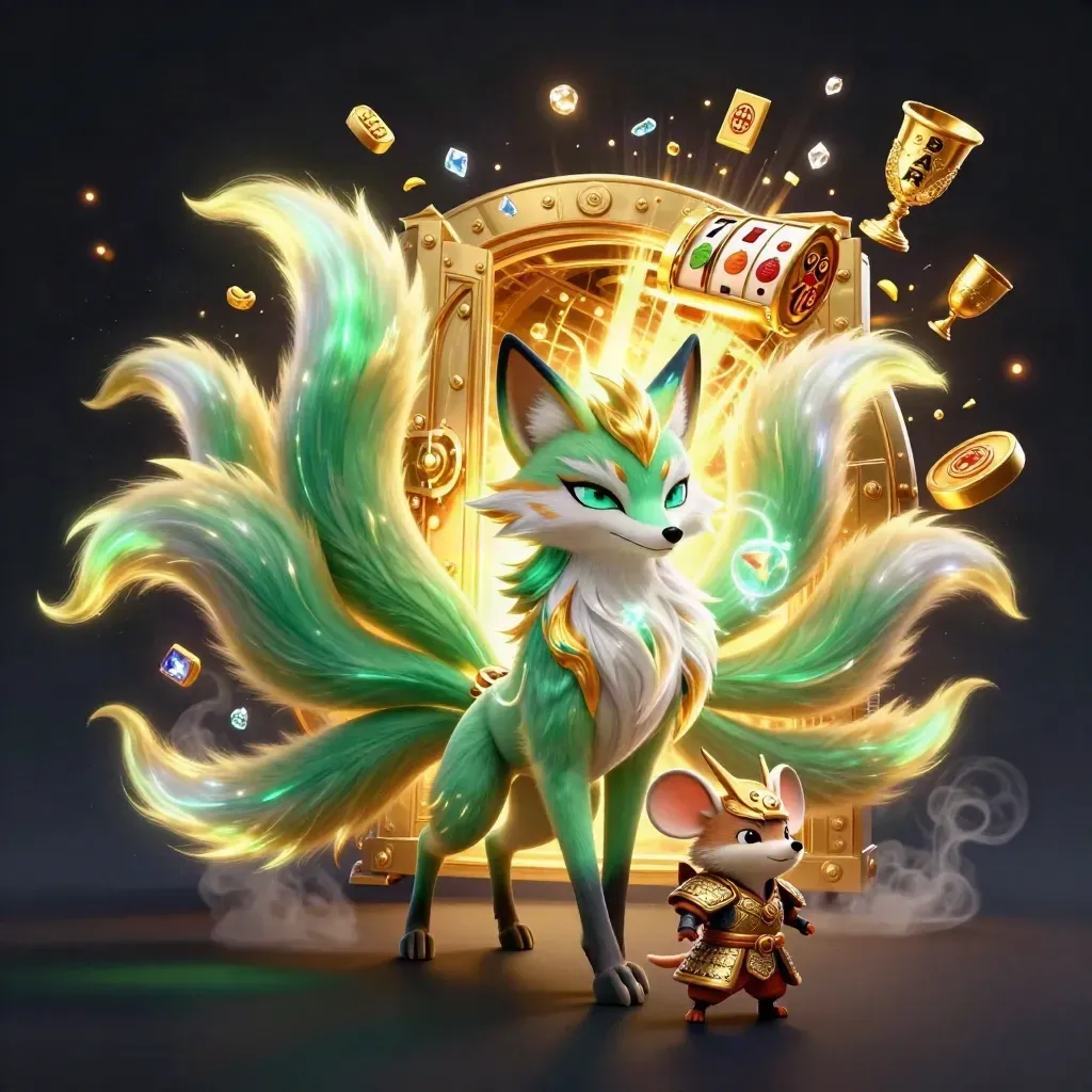 Raposa espiritual de nove caudas com rato samurai, cofre dourado aberto, moedas e luz verde.